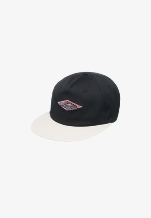 Sort kasket med en kremfarvet skygge. Har et broderet logo foran og et struktureret design. Lavet af stofmateriale.