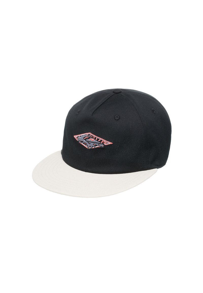 Svart caps med en kremfarget skygge. Har et brodert logo foran og en strukturert design. Laget av tekstilmateriale.