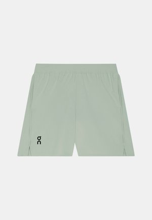 Gaiši zaļas sporta šorti ar elastīgu vidukli, sānu kabatām, mazu melnu logotipu kreisajā kājā un sānu šķēlumiem apakšmalās.