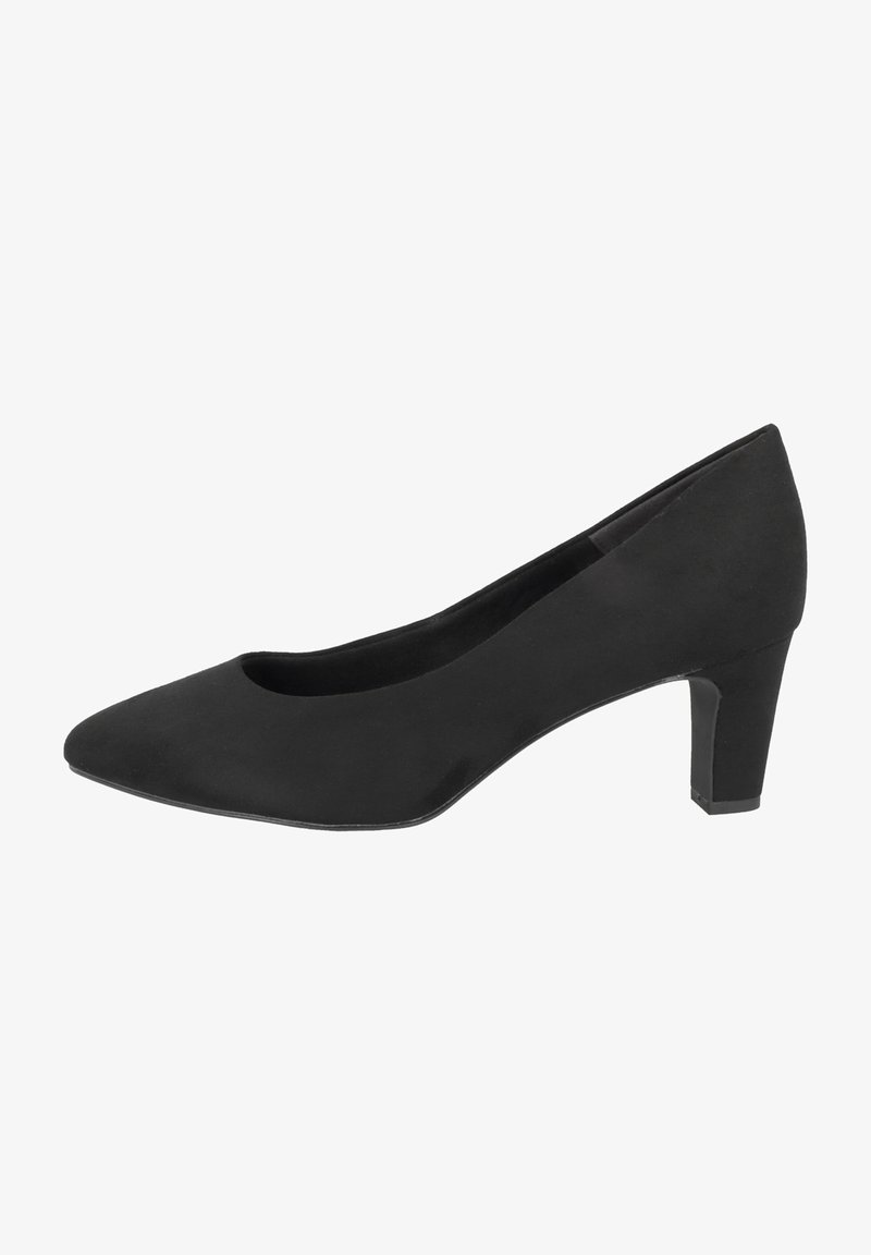 Escarpin fermé en daim noir pour femmes, avec un petit talon bloc, bout pointu et texture lisse, présenté sur fond blanc.