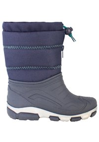 Zwarte waterdichte laars met een getextureerde rubberen zool, gewatteerde marineblauwe textiele bovenkant en een verstelbare trekkoordsluiting. Subtiele stiksels.