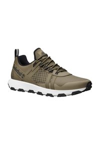 Lichtbruine sportieve schoen met een gestructureerd mesh bovenwerk, zwarte accenten en versterkte hiel. Voorzien van een witte middenzool en rubberen loopzool.