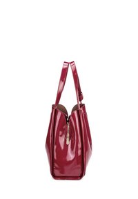 Borsa a tracolla rossa lucida con chiusura a zip, ampia apertura e due manici corti. Presenta una forma strutturata e una superficie liscia.