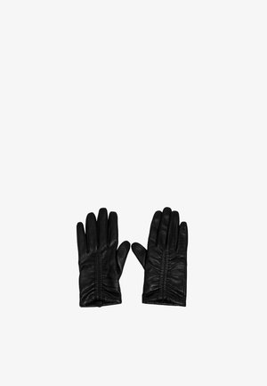 Los guantes de piel negra presentan una textura suave, un diseño ajustado con ligeros pliegues en la muñeca y cobertura en los cinco dedos.