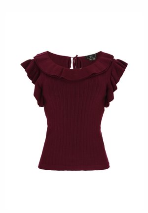 Burgundy kötött felső rövid fodros ujjakkal, kerek nyakkivágással és hátul megkötős megoldással. Bordás textúrával az egész felületen.