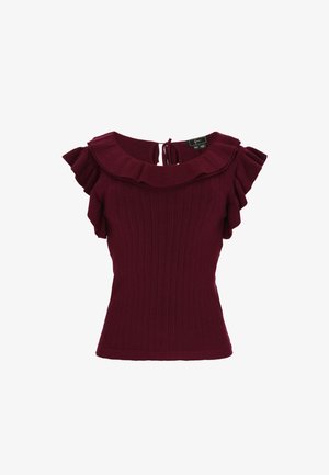 Bordeaux gebreide top met korte geraffineerde mouwen, een ronde halslijn en een strik op de rug. Ribbeltextuur over de gehele stof.
