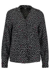 Blusa nera con un motivo geometrico bianco, rosa e viola. Ha un collo a V, maniche lunghe e una chiusura con bottoni davanti.