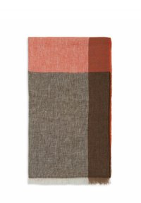 Woven scarf featuring a block pattern in coral, brown, and taupe shades. Soft texture with fringed edges.
