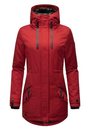 Red waterproof parka with a high collar, two zippered side pockets, and black hardware accents. Features a lined hood and elastic cuffs.