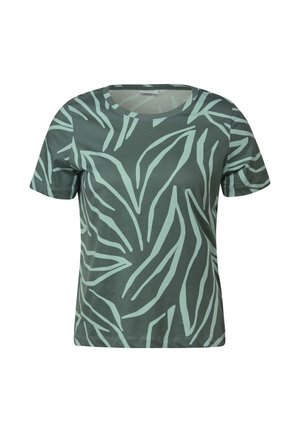 Korte mouwen groene T-shirt met een lichtgroen bladvormpatroon, ronde hals, gemaakt van zachte katoenstof, casual fit, eenvoudige zoom.
