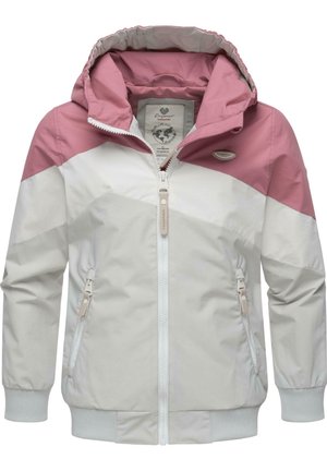 Dziecięca kurtka z kapturem w różowej górnej części i białej dolnej, z zamkiem błyskawicznym z przodu, zapinanymi na zamek bocznymi kieszeniami oraz ściągaczami na mankietach i u dołu.