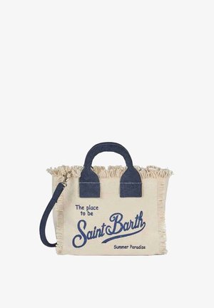 Beige canvas tas met marineblauwe handvatten, franjes en de tekst "The place to be Saint Barth Summer Paradise" aan de voorzijde.