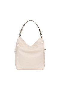 Weiße Lederhandtasche mit einem lässigen Design, gebogenem oberen Rand und kontrastierendem schwarzen Griff. Verfügt über goldene Hardware und keine sichtbaren Muster.