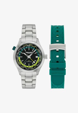 Edelstahl-GMT-Armbanduhr mit schwarzem Zifferblatt, Namen von Weltstädten, leuchtenden Zeigern und einem zusätzlichen grünen strukturierten Gummiband.