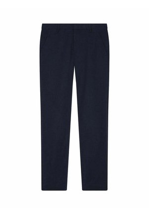 Pantalon droit bleu marine en tissu doux. Il possède des poches latérales, des passants de ceinture et une taille bien ajustée. Aucun motif ni accent visible.