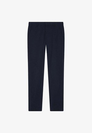 Pantaloni dritti blu navy realizzati in tessuto morbido. Presentano tasche laterali, passanti per cintura e una vita ben rifinita. Nessun motivo o accento visibile.