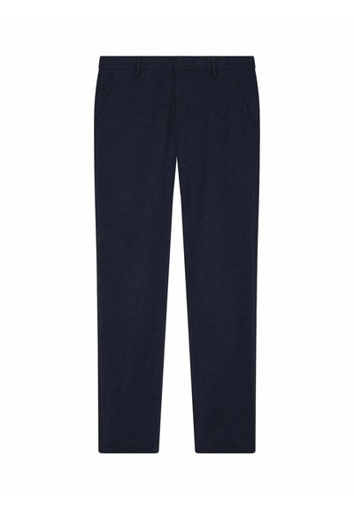 Pantalon droit bleu marine en tissu doux. Il possède des poches latérales, des passants de ceinture et une taille bien ajustée. Aucun motif ni accent visible.