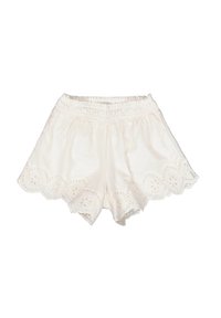 Witte katoenen shorts met een elastische tailleband en ingewikkelde oogjes borduursels langs de zoom. Zachte textuur en gegolfde randen.