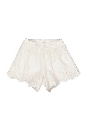 Witte katoenen shorts met een elastische tailleband en ingewikkelde oogjes borduursels langs de zoom. Zachte textuur en gegolfde randen.
