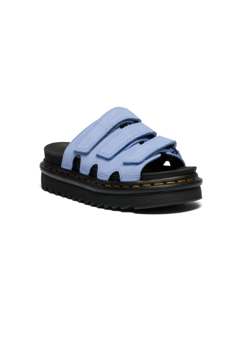 Light blue sandal with three adjustable straps, black cushioned footbed, thick black sole, and yellow stitching along the sole edge.