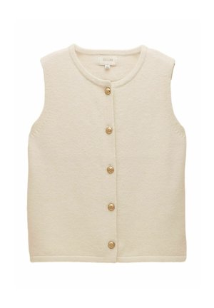 Cremfarbener ärmelloser Pullover mit gerundetem Ausschnitt, ausgestattet mit einer Vorderknopfverschlüssen und goldfarbenen Knöpfen sowie einer weichen, strukturierten Oberfläche.