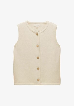 Beige mouwloze vest gemaakt van getextureerd materiaal met een ronde hals en zes gouden knopen aan de voorkant. Eenvoudig, klassiek ontwerp.