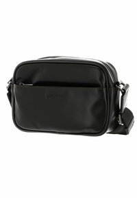 Borsa a tracolla nera in pelle con texture liscia, forma rettangolare, chiusura con zip e tasca frontale. Cintura regolabile per un trasporto versatile.