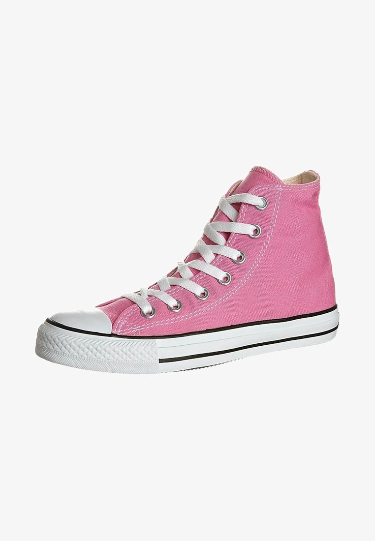 Sneakers alte in tela rosa brillante, con lacci bianchi, punta in gomma bianca e suola in gomma nera con un motivo texturizzato.