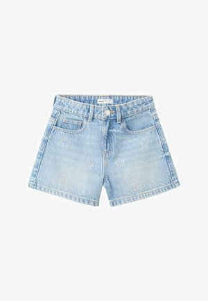 Pantaloni scurți din denim albastru deschis, cu nasture frontal, curele pentru curea, buzunare și mici ornamente cu cristale în formă de stea pe panourile frontale.