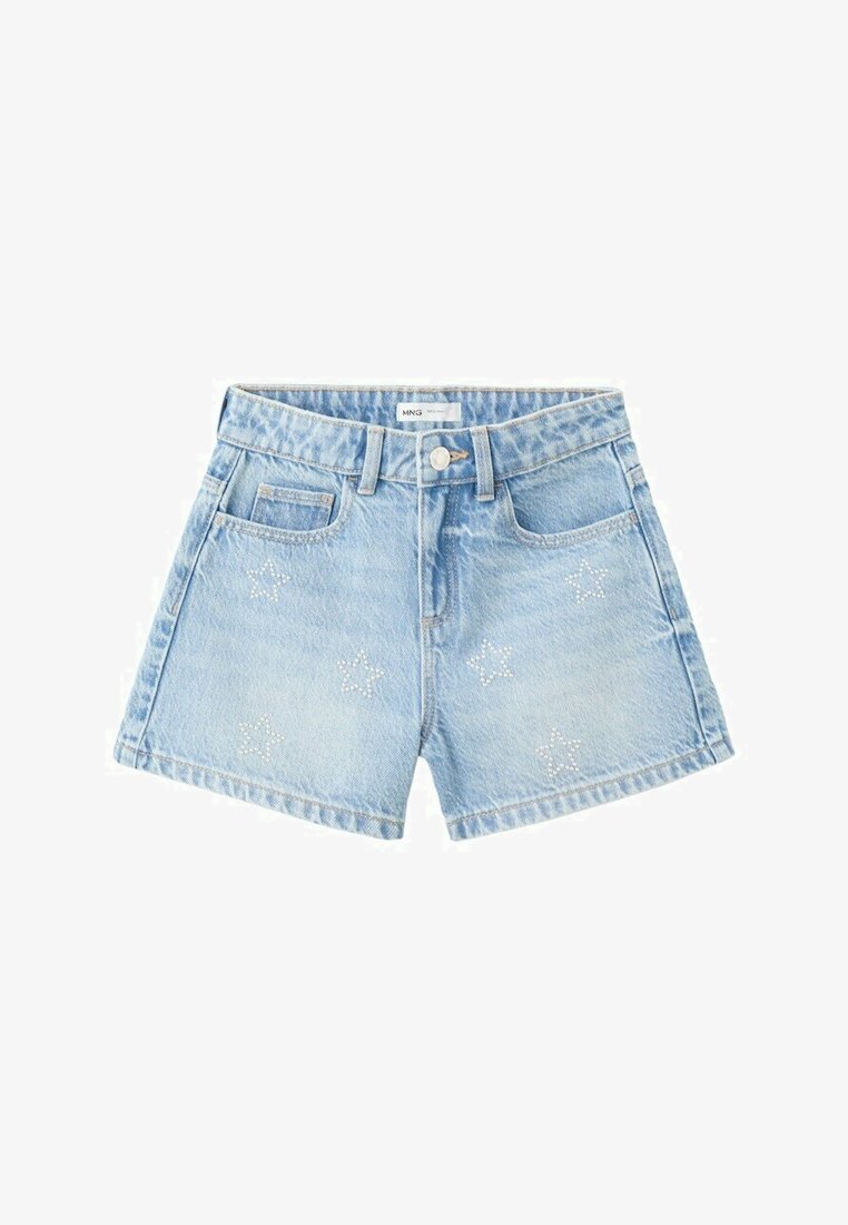 Svetlomodré rifľové šortky s predným zapínaním na gombík, pútkami na opasok, vreckami a malými hviezdičkovými ozdobami z kamienkov na predných paneloch.