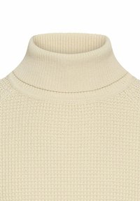 Cremfarbener Rollkragenpullover mit strukturiertem Strickmuster und gerippten Akzenten am Kragen und den Schultern.
