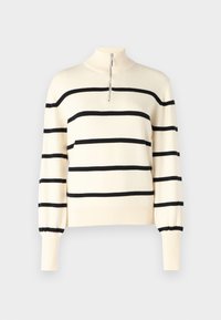 Cremfarbener Strickpullover mit schwarzen horizontalen Streifen, hohem Kragen und halbem Reißverschluss. Puffärmel mit gerippten Bündchen und Saum.