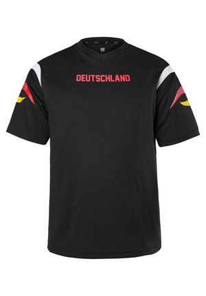 Czarna sportowa koszulka z krótkim rękawem z napisem "DEUTSCHLAND" w czerwonym kolorze na piersi oraz czerwonymi, żółtymi i białymi akcentami graficznymi na rękawach.