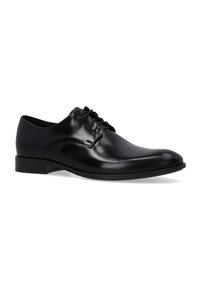 Czarne skórzane buty oxford z gładką, wypolerowaną powierzchnią, zaokrąglonym noskiem i sznurowadłami, cechujące się niskim obcasem i minimalistycznym designem.