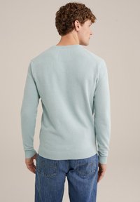 Svetlo modra pulover iz teksturirane pletenine, z okroglo ovratnico ter rebrastimi manšetami in robom, nosi pa ga skupaj z džinsom.