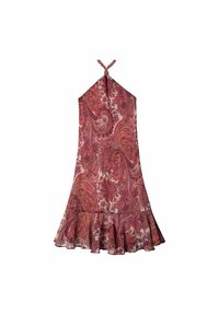 Vestido sin mangas con estampado paisley en tonos burdeos y crema, que presenta un dobladillo acampanado y un lazo en el cuello. Tejido suave y ligero.