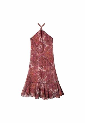 Vestido sin mangas con estampado paisley en tonos burdeos y crema, que presenta un dobladillo acampanado y un lazo en el cuello. Tejido suave y ligero.