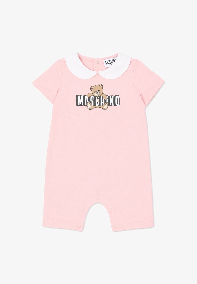 Lyserød babydragt med korte ærmer og hvid Peter Pan-krave, med en bamse og "MOSCHINO" tekst på brystet.