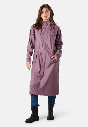 Purple waterproof raincoat with a hood, snap buttons, two side pockets, and long sleeves, paired with black rubber boots.