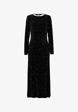 Melnas garām piedurknēm kristālu maxi kleita ar apaļu izgriezumu un atslēgas cauruma aizmugures sasiešanas aizdari, pieguļošs siluets.