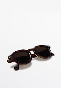 Schildkrötensonnenbrille mit runder Form, dunklen Gläsern, dickem Rahmen und einzigartigem Bügeldesign. Mattes Finish mit dezenten Akzenten.