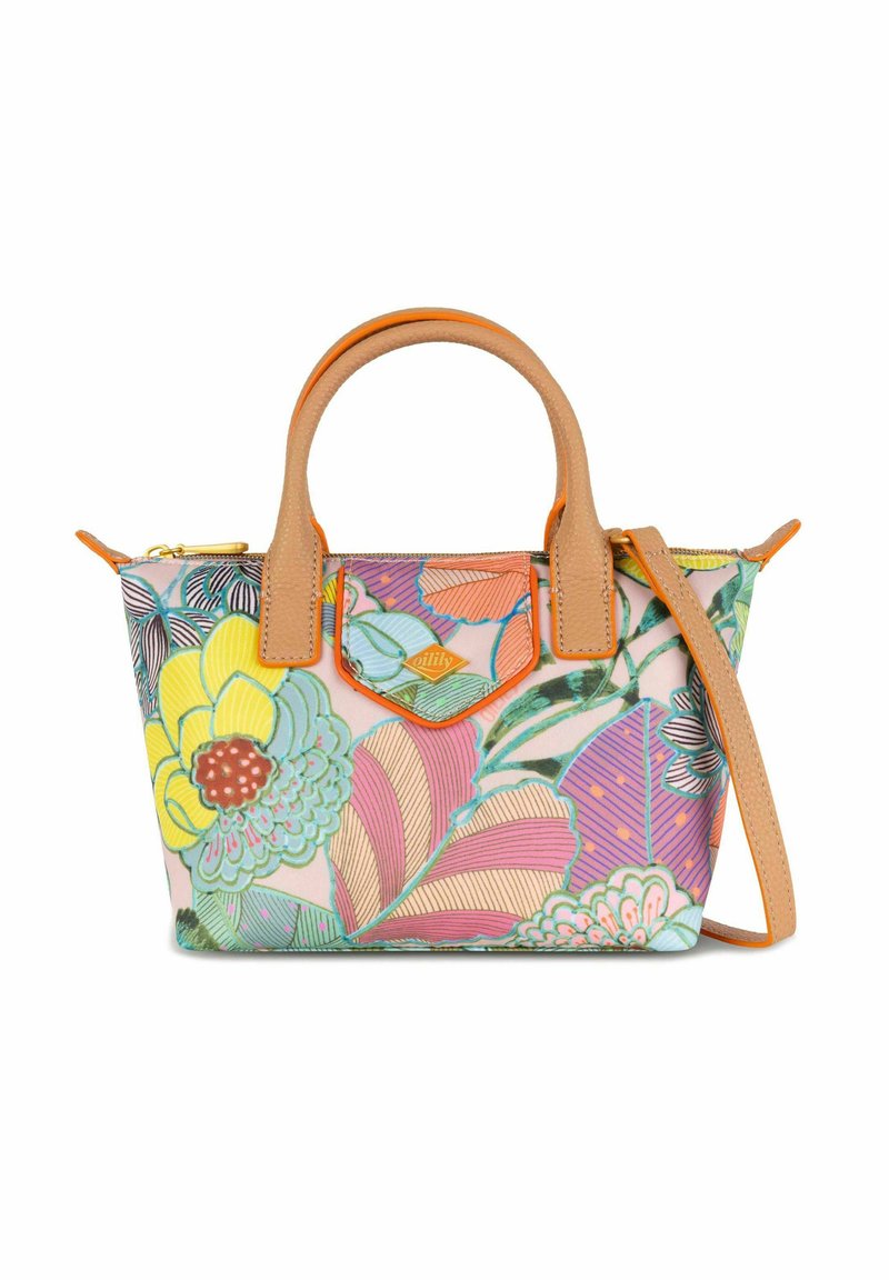 Borsa floreale con un motivo multicolore su tessuto, manici in pelle color beige e una tracolla opzionale. Include una chiusura con zip.
