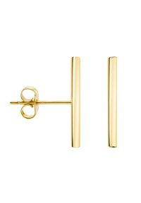 Boucles d'oreilles en métal doré à l'aspect élégant, présentant un design de barre rectangulaire. Surface lisse avec une finition poli et un système d'attache sécurisé.