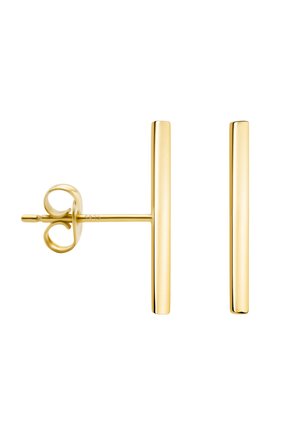 Guldtonede metalstud øreringe med et slankt, rektangulært stangdesign. Glat overflade med en poleret finish og sikker fastgørelse.