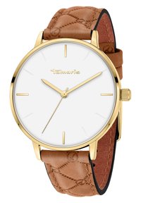 Goldfarbene Uhr mit rundem weißen Zifferblatt, braunem, gesteppter Lederarmband und minimalistischen Design. Verfügbar mit goldenen Zeigern und Indizes.