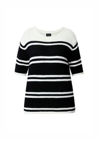 Gestreifter kurzärmeliger Pullover in Schwarz und Weiß mit Rundhalsausschnitt und strukturiertem Strickmuster. Einzigartige abwechselnde Streifenbreiten.