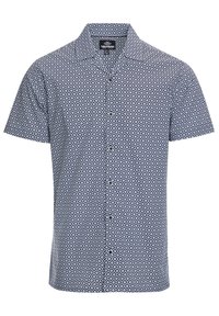 Chemise à manches courtes boutonnée de couleur bleu marine avec un motif en losanges blancs. Confectionnée en tissu léger, elle présente un col classique et une coupe régulière.
