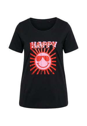 Black short-sleeve T-shirt with red sun rays and a smiling face wearing sunglasses under the word "HAPPY" in red and pink.