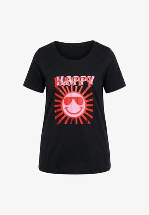 Black short-sleeve T-shirt with red sun rays and a smiling face wearing sunglasses under the word "HAPPY" in red and pink.