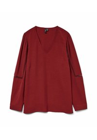 Bordeaux lange mouwen blouse met een V-hals, gestructureerde stof en gaasdetail langs de mouwen. Eenvoudige snit met een relaxte pasvorm en manchetten.